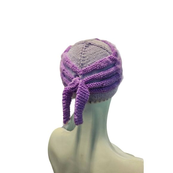 Hand Knit Purple Ribbed Hat Womens Adult Fall Winter - Picture 4 of 4